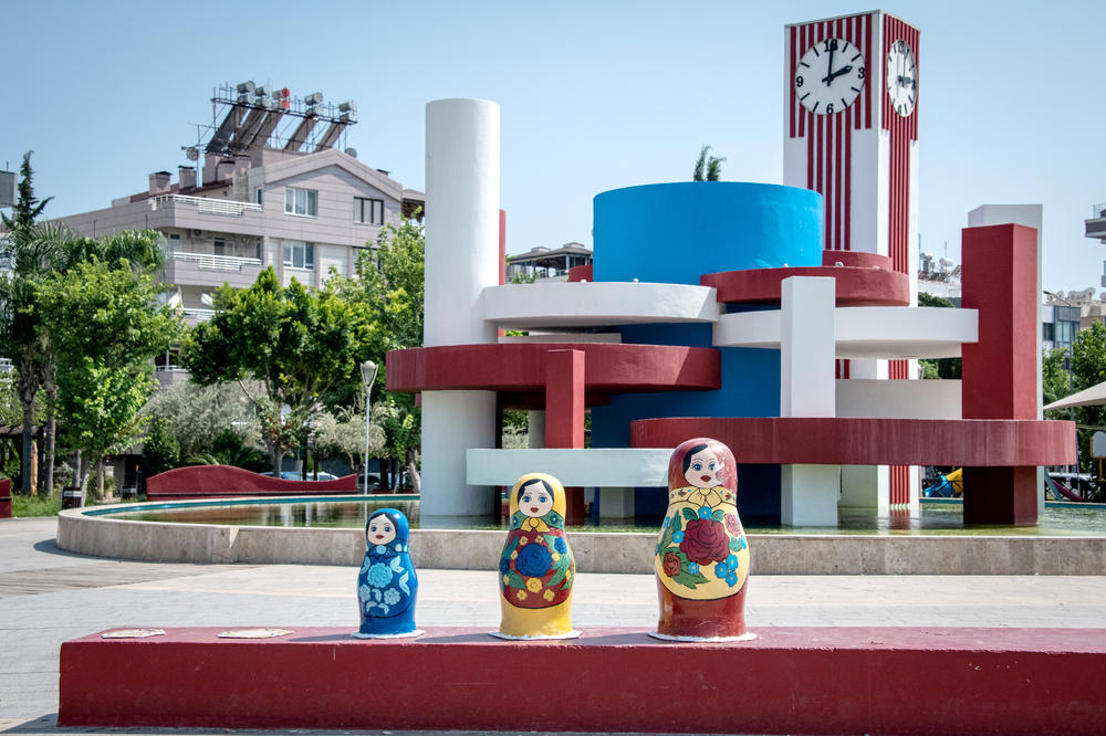 Matryoshka doll statues near a Mediterranean Sea beach in Antalya, Turkey, on Aug. 7. This small park is known as Matryoshka Park. More than half the traditional Russian dolls are missing since vandals destroyed them after Russia invaded Ukraine.
