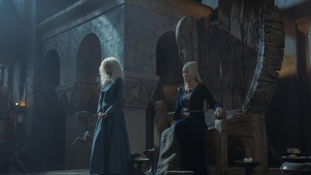 The Driftwood Throne doesn't get termites, it gets barnacles. Baela (Bethany Antonia) and Rhaenys (Eve Best) know it.