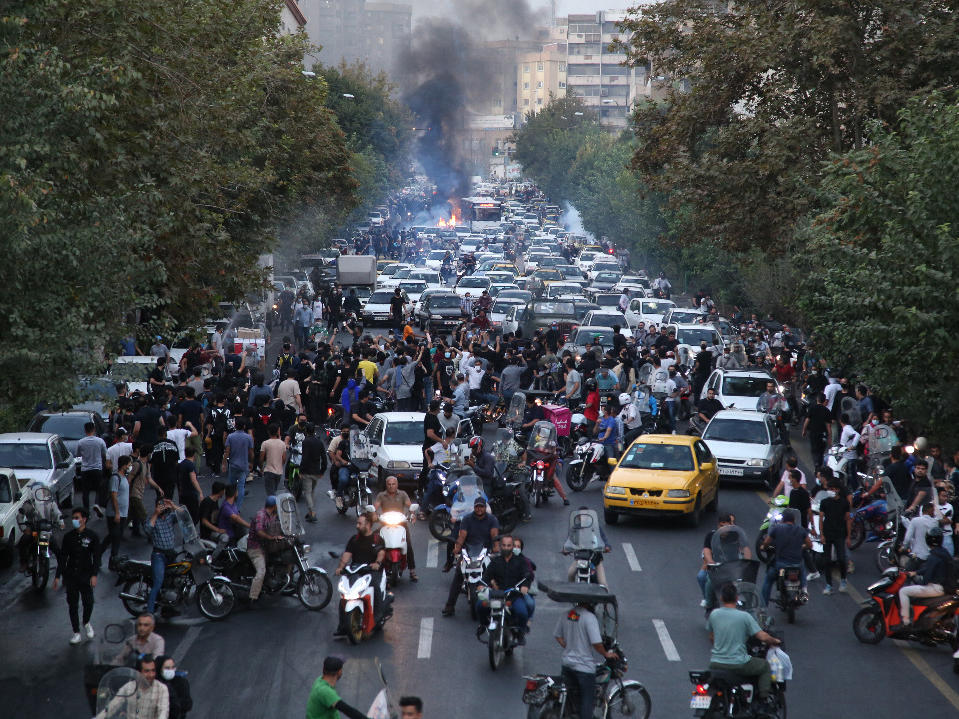 Iranian demonstrators protest in Tehran on Sept. 21, after Mahsa Amini died in custody of the country's so-called morality police.