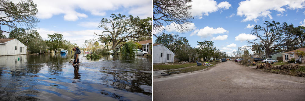 The Country Club Ridge community in North Port, Fla., as seen flooded with water from Hurricane Ian on Sept. 29 (left) and after the water receded Oct. 5 (right).