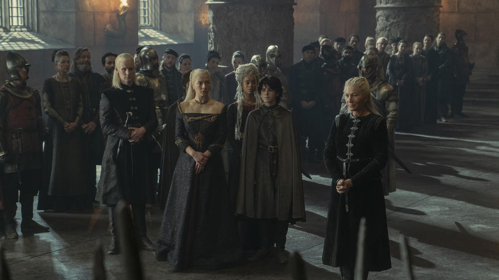 Rhaenys's Turn: (L to R): Daemon (Matt Smith), Rhaenyra (Emma D'Arcy), Rhaena (Phoebe Campbell) and Jace (Elliot Grihault) listen to Rhaenys (Eve Best). As everyone should, always.
