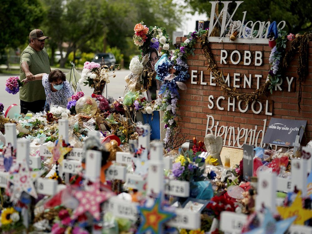 A memorial honoring the school shooting victims at Robb Elementary is seen on July 12 in Uvalde, Texas.