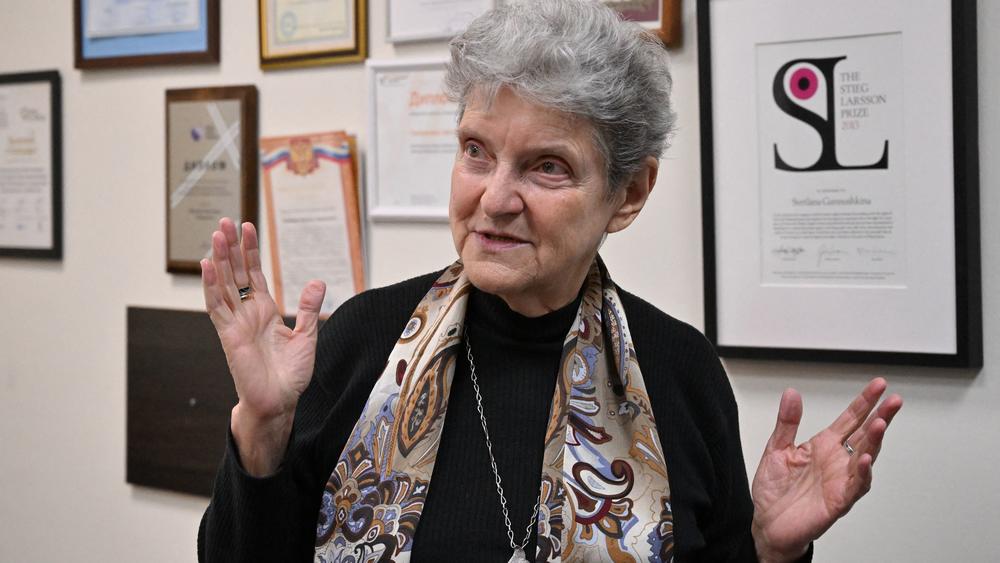 Russian human rights campaigner and Memorial member Svetlana Gannushkina speaks during an AFP interview in Moscow in March.