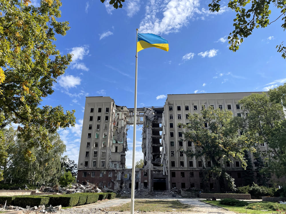 The building housing Mykolaiv's regional government, bombed early in the war, lies in ruins on Sept. 29. Governor Vitaliy Kim says he knew he was the target 