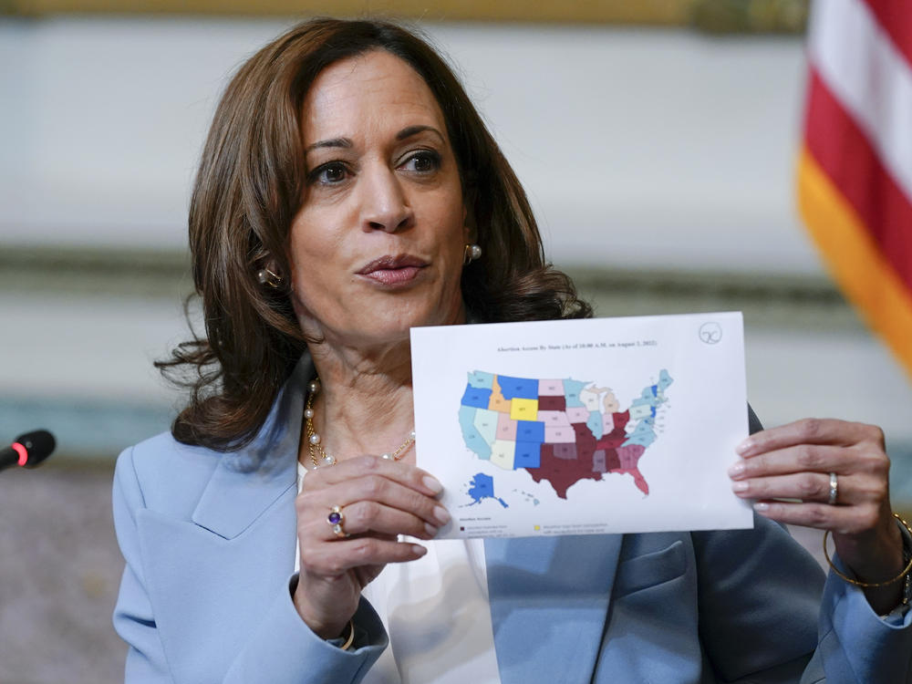 Vice President Harris displays a map showing abortion access by state at a White House meeting on reproductive rights in this August file photo.
