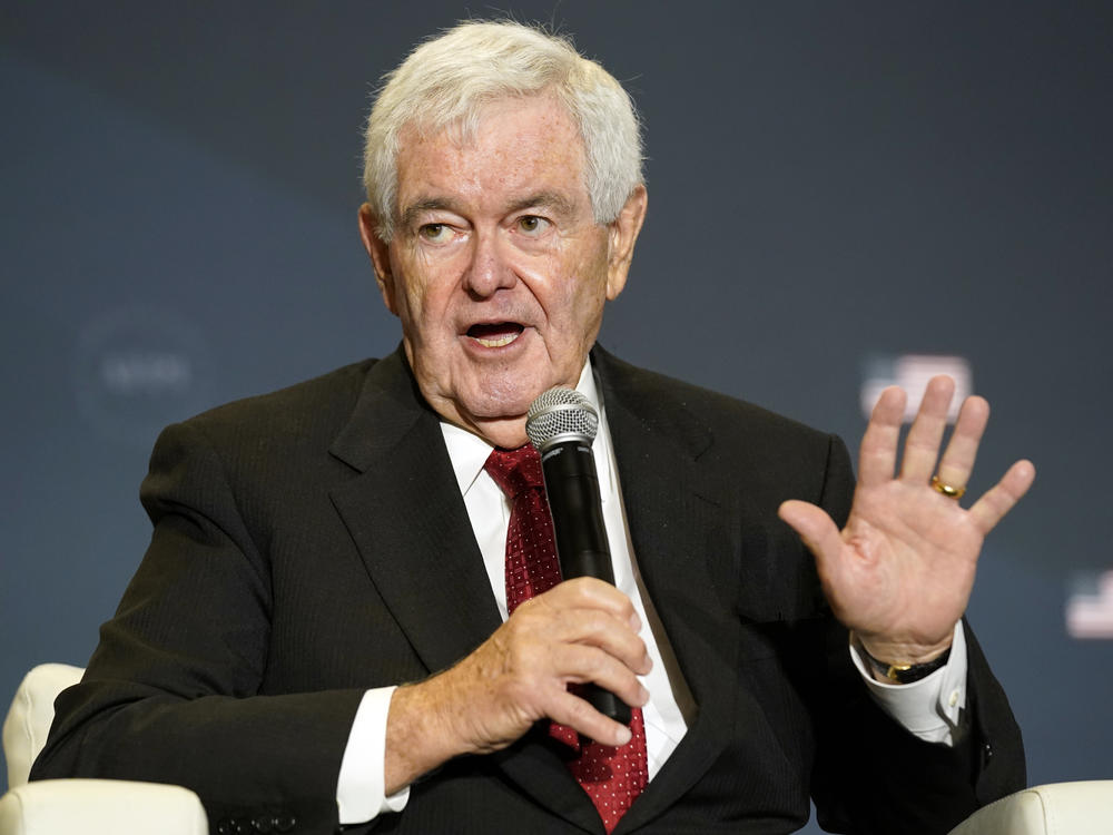 Former House Speaker Newt Gingrich speaks before former President Donald Trump at an America First Policy Institute agenda summit in Washington, D.C., on July 26, 2022.