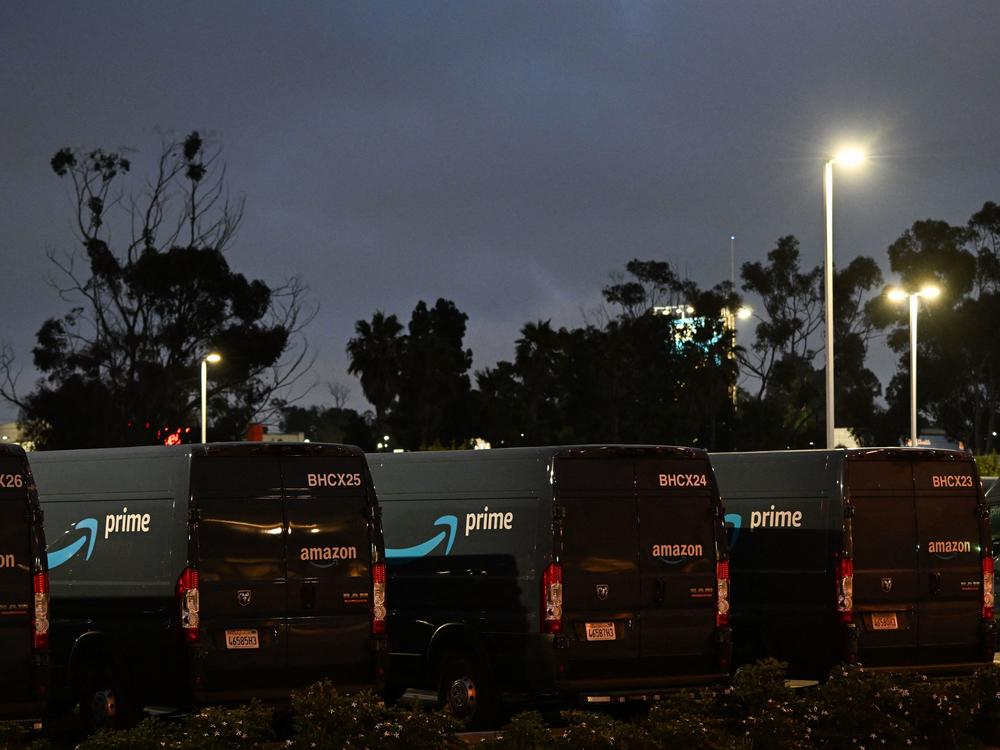 Delivery vans marked with the Amazon Prime logo are seen parked outside a delivery facility in Culver City, Calif., in 2022.