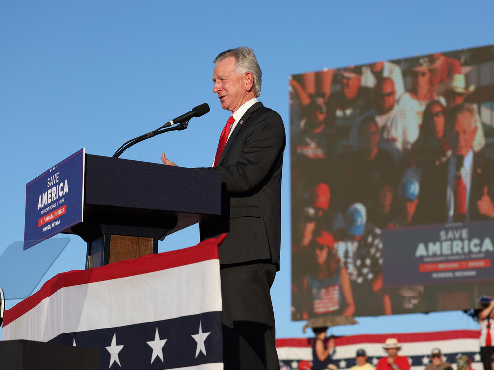 U.S. Sen. Tommy Tuberville (R-Ala.) speaks during a campaign rally at Minden-Tahoe Airport on Saturday in Minden, Nevada.