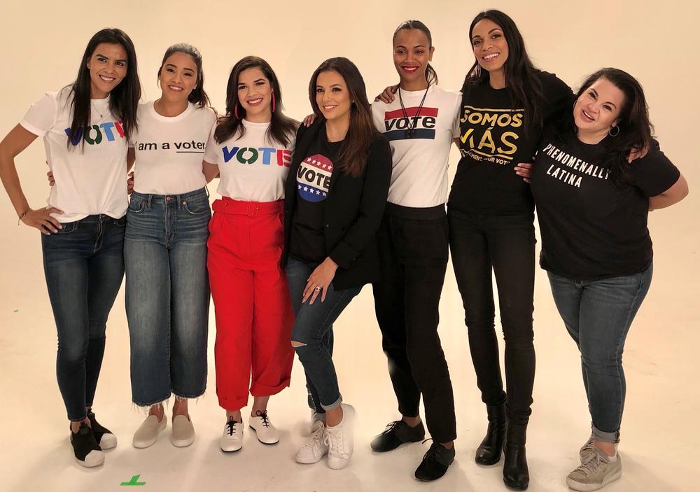 From left to right: Elsa Collins, Gina Rodriguez, America Ferrera, Eva Longoria, Zoe Saldana, Rosario Dawson and Christy Haubegger in 2018.