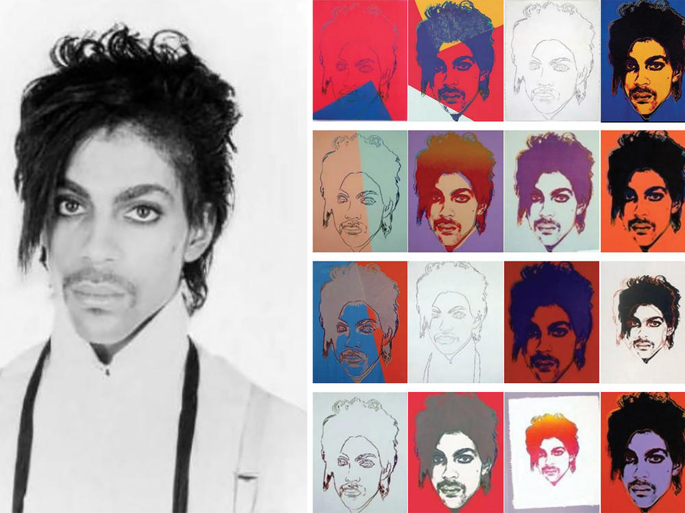 A portrait of Prince taken by Lynn Goldsmith (left) in 1981 and 16 silk-screened images Andy Warhol later created using the photo as a reference. A federal district court judge found that Warhol's series is 