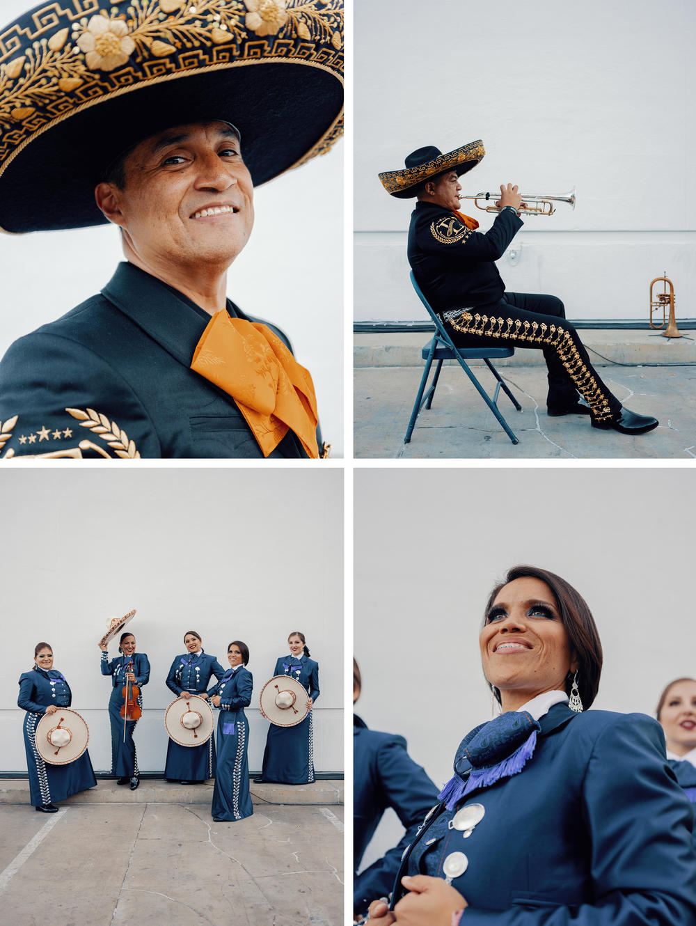 <strong>Top:</strong> Alejandro Uribe and Edson Andres of Mariachi Estrella de México, which was founded in Guadalajara, Mexico, pose for photos at the Mariachi USA festival in June. <strong>Bottom:</strong> The Boyle Heights, Los Angeles-based Mariachi Lindas Mexicanas, founded by Maricela Martinez (far left), poses for a photo in June; member Silvia Estrada is pictured at right.