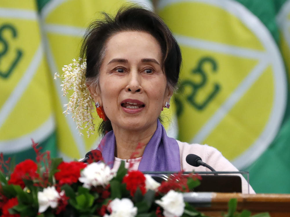 Myanmar's then leader Aung San Suu Kyi delivers a speech during a meeting on implementation of Myanmar Education Development in Naypyidaw, Myanmar, Jan. 28, 2020.