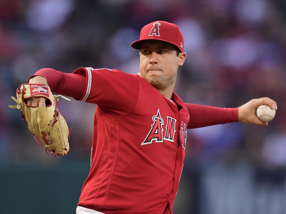 Los Angeles Angels pitcher Tyler Skaggs throws during the first inning of a game against the Texas Rangers in Anaheim, Calif., on May 25, 2019.