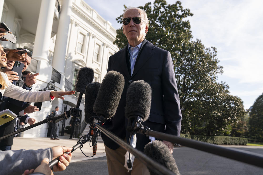 President Biden talks to reporters before boarding Marine One on the South Lawn of the White House on Wednesday.