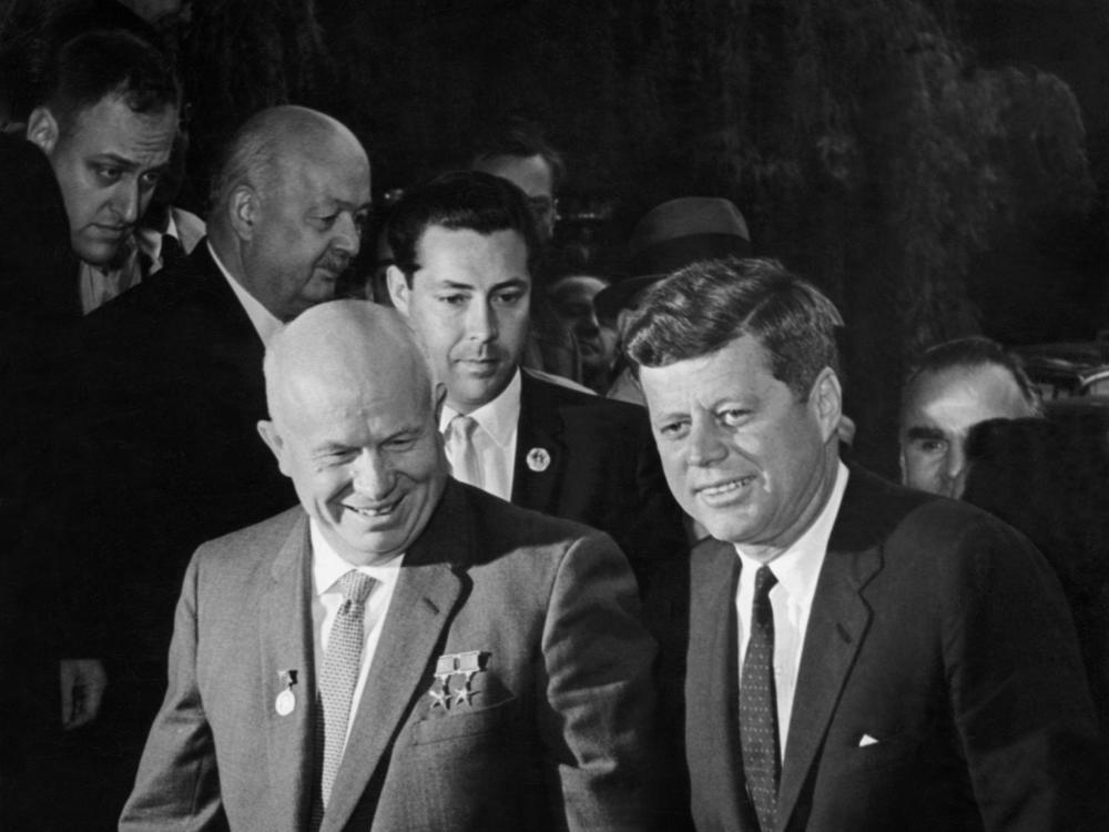 President John F. Kennedy and Soviet leader Nikita Khrushchev head to their first meeting on June 3, 1961, at the start of the East-West talks in Vienna, the year before the Cuban missile crisis.