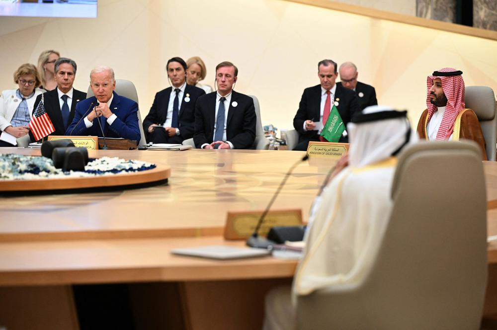 President Biden and Saudi Crown Prince Mohammed bin Salman (far right) attend the Jeddah Security and Development Summit (GCC+3) at a hotel in Saudi Arabia's Red Sea coastal city of Jeddah on July 16.