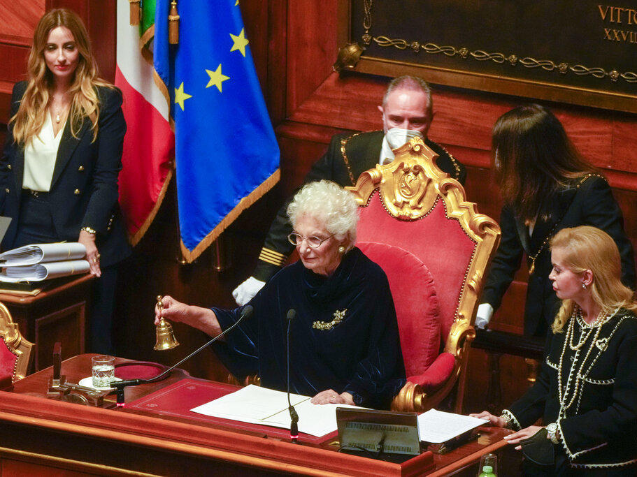 Senator Liliana Segre, a Holocaust survivor, chairs the opening session of the Italian Senate of the newly elected parliament on Thursday.