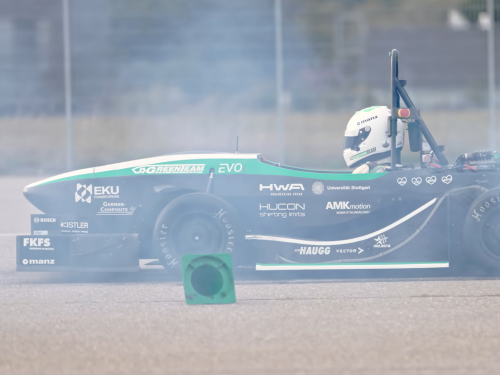 A screenshot of the GreenTeam's electric car on the track where it broke the record for fastest acceleration of an electric vehicle.