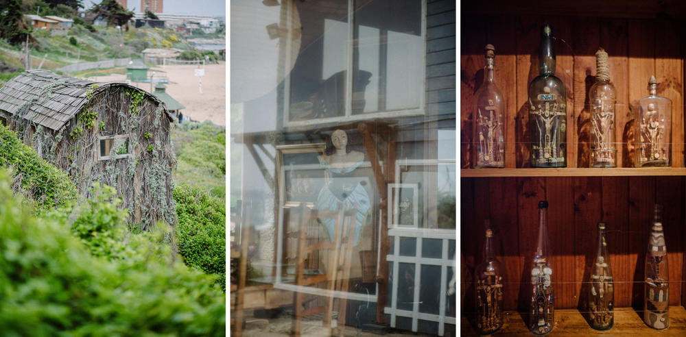 Scenes of Pablo Neruda's Isla Negra home, now a museum, including a small hut that was one of his writing locations (left).