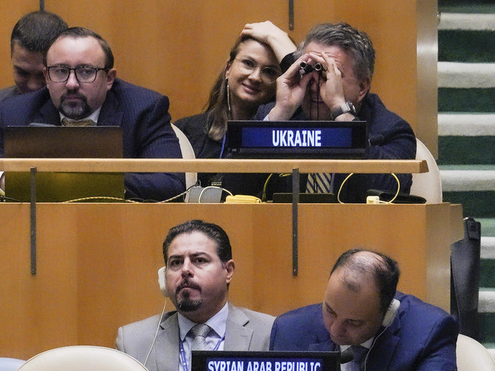 U.N. Ambassador from Ukraine Sergiy Kyslytsya uses binoculars in the U.N. General Assembly before a vote condemning Russia's move to illegally annex parts of Ukraine.