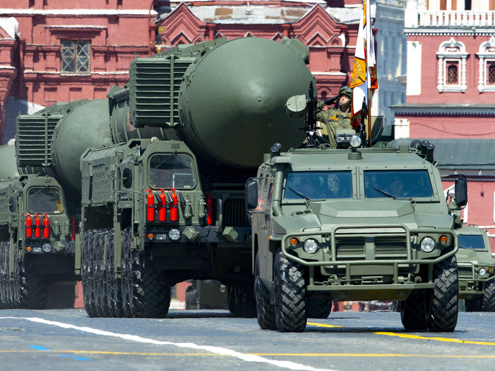 Russian missiles roll in Red Square in Moscow. President Vladimir Putin has warned that he wouldn't hesitate to use nuclear weapons to ward off Ukraine's attempt to reclaim control of its occupied regions.