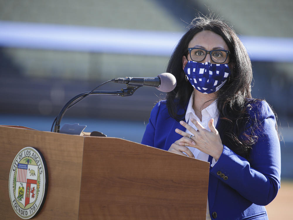 Los Angeles City Council President Nury Martinez addresses a press conference held at Dodger Stadium on Jan. 15, 2021, in Los Angeles. The president of the Los Angeles City Council resigned from the council on Wednesday after she was heard making racist comments and other coarse remarks in a leaked recording of a conversation with other Latino leaders.
