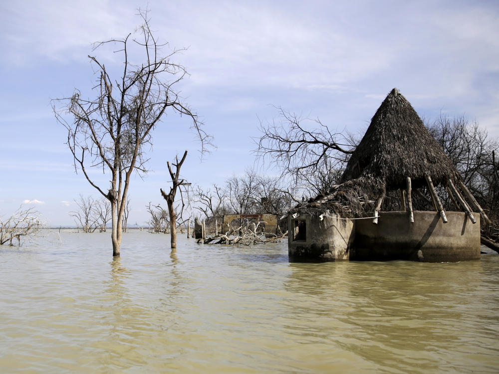 An old hotel is submerged by rising water levels in Lake Baringo in Kampi ya Samaki, Kenya on July 20, 2022.