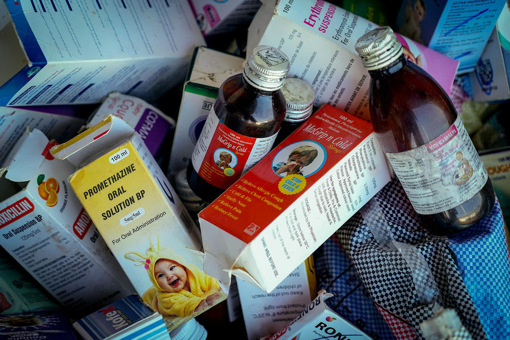 A photograph shows collected cough syrups in Banjul on October 06, 2022.