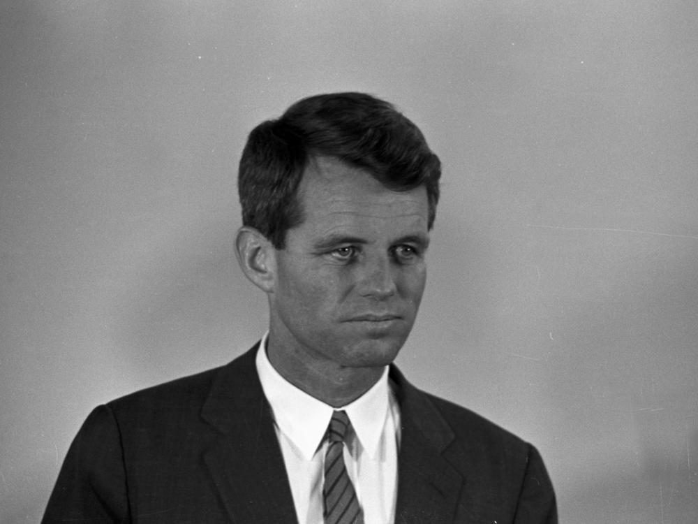 Robert Kennedy in a news conference at the Bourget airport, Paris, in February 1962.