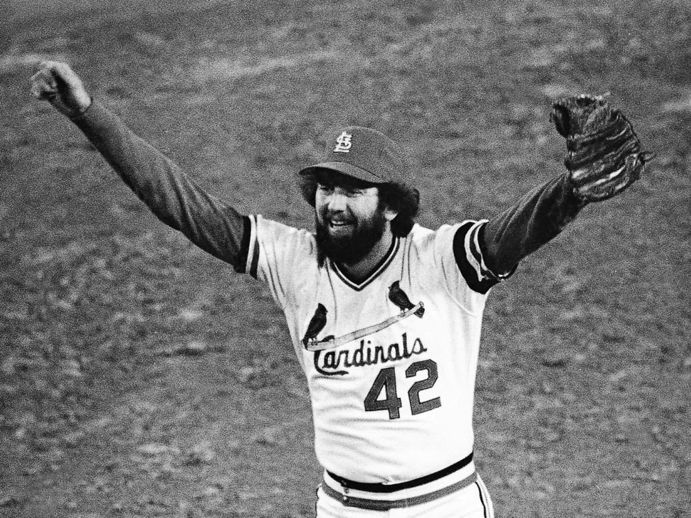 St. Louis Cardinals ace reliever Bruce Sutter celebrates after the last out in the ninth inning of Game 7 of the World Series at St. Louis, on Oct. 20, 1982. The Hall of Famer and 1979 Cy Young winner has died at age 69.