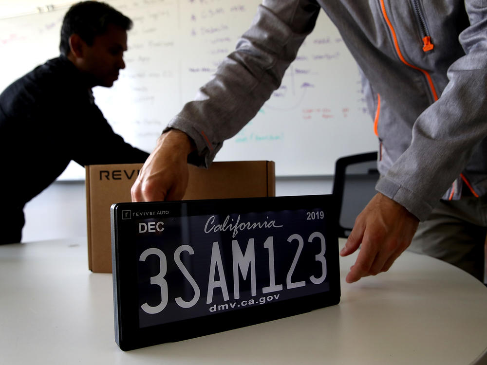 A digital license plate made by Reviver is shown in California on May 30, 2018.