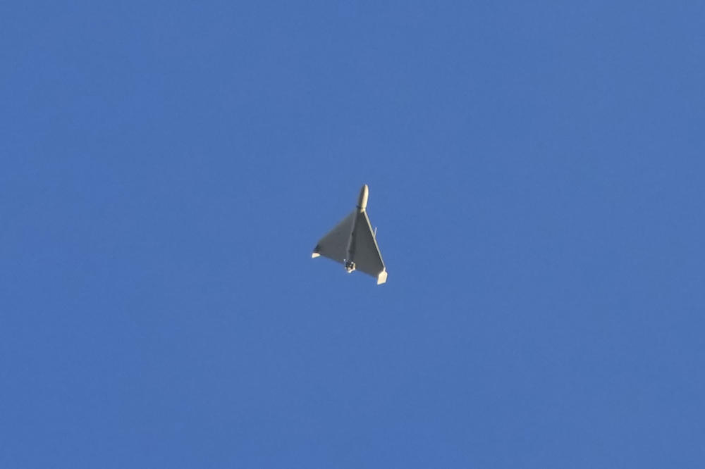 A Russian drone in the sky over Kyiv shortly before it slammed into a building on Monday.