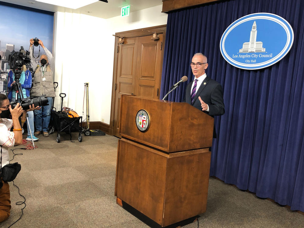 Acting Los Angeles City Council President Mitch O'Farrell discusses the ongoing scandal a week after a leaked recording of racist remarks by council members came to light during a news conference at City Hall in Los Angeles on Monday, Oct. 17, 2022.