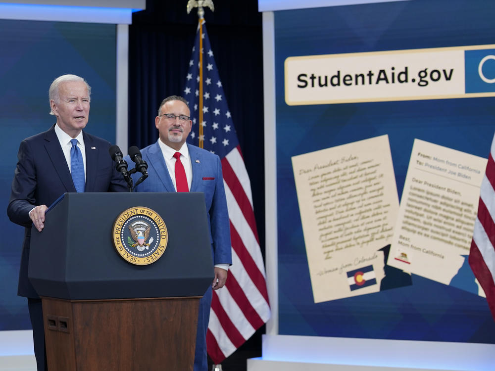 President Joe Biden and Education Secretary Miguel Cardona announce the student debt relief application is now live.