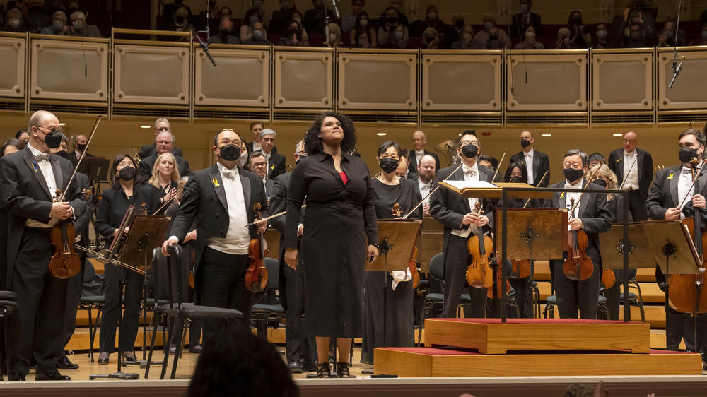 Composer Jessie Montgomery takes a bow on April 28, 2022, after the world premiere of her piece <em>Hymn for Everyone </em>at the Chicago Symphony Orchestra, where she is composer-in-residence.