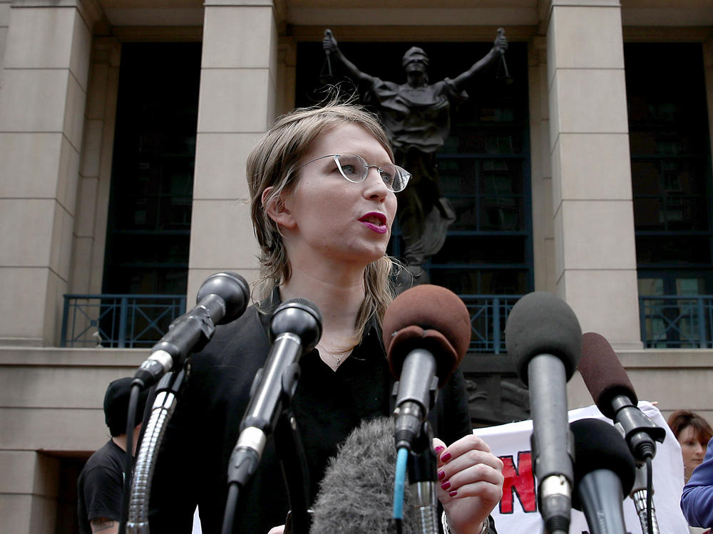 Former U.S. Army intelligence analyst Chelsea Manning addresses reporters outside a U.S federal courthouse in Alexandria, Va., in 2019.