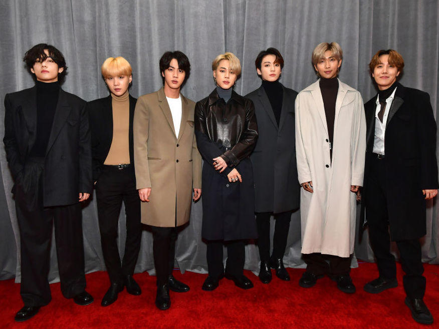 The band BTS poses during the Grammy Awards ceremony in Los Angeles in 2020.