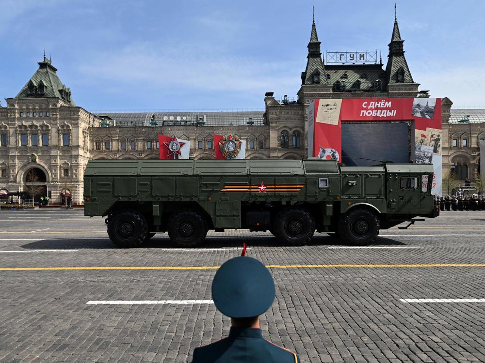 A Russian Iskander-M missile launcher parades through Red Square in central Moscow on May 7, 2022. The Iskander is one of several Russian systems that can launch nuclear weapons.