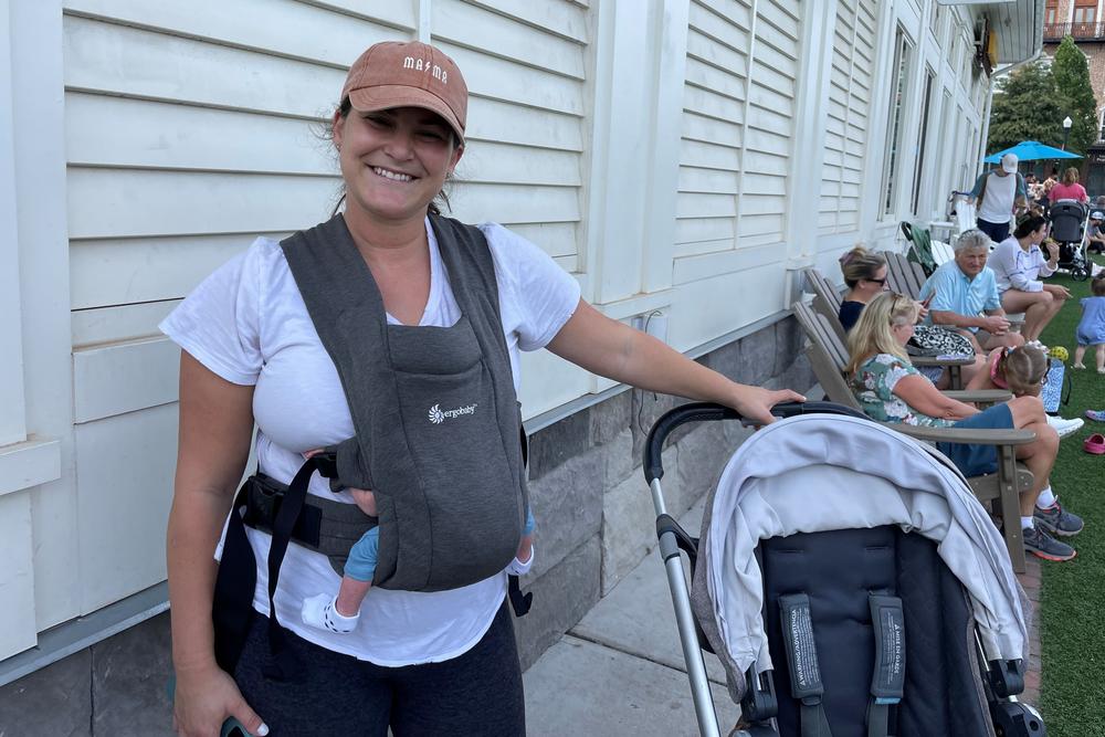 Nikki Samet, who moved to the Atlanta suburbs a year ago from California, visits the town green on Sept. 17 in Alpharetta, Ga. She says she is most worried about the recent rollback of abortion rights.