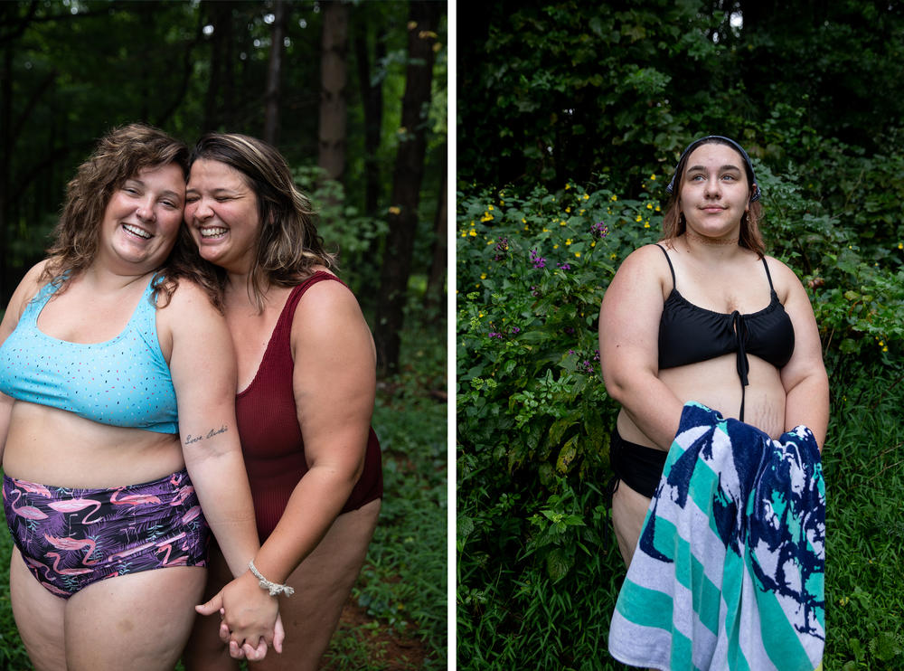 Macie Cherry and Molly Brubaker (left) and Kiana Mooney (right) pose for photos at Camp Roundup. Cherry and Brubaker are a couple and were both counselors at Camp Roundup.