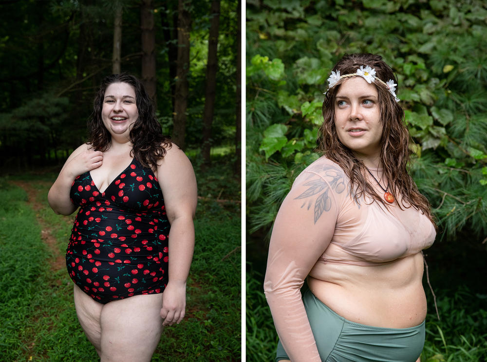 Anna Helmig, from Dayton, Ohio, and Cat Ruehlman post for photos at Camp Roundup. Ruehlman was a counselor and led mindful yoga classes for the women who attended the camp.