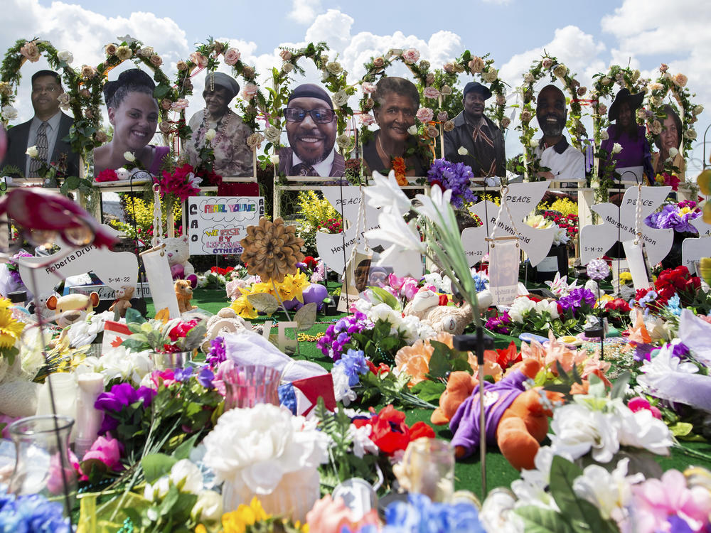 A memorial for the supermarket shooting victims is set up outside the Tops Friendly Market on Thursday, July 14, 2022, in Buffalo, N.Y.