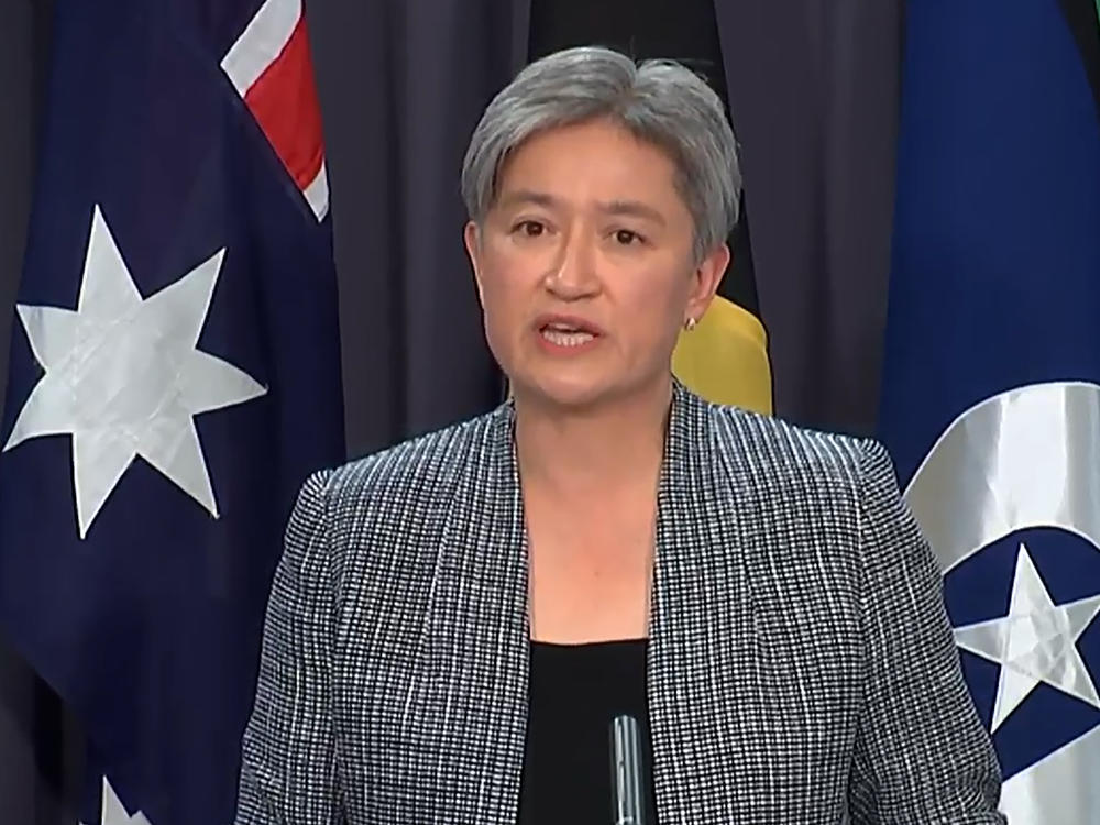 In this image taken from video, Australian Foreign Minister Penny Wong speaks during a press conference, Tuesday, Oct. 18, 2022, in Canberra, Australia.