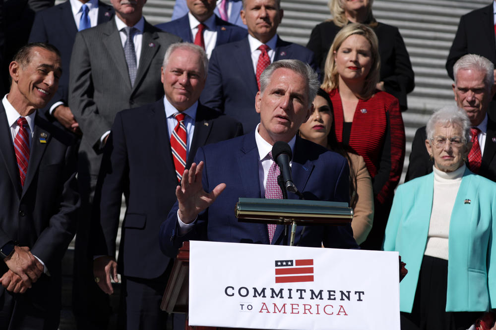 U.S. House Minority Leader Rep. Kevin McCarthy speaks during a press conference at the U.S. Capitol in Washington on Sept. 29. He warned this week that his party members would not write a 