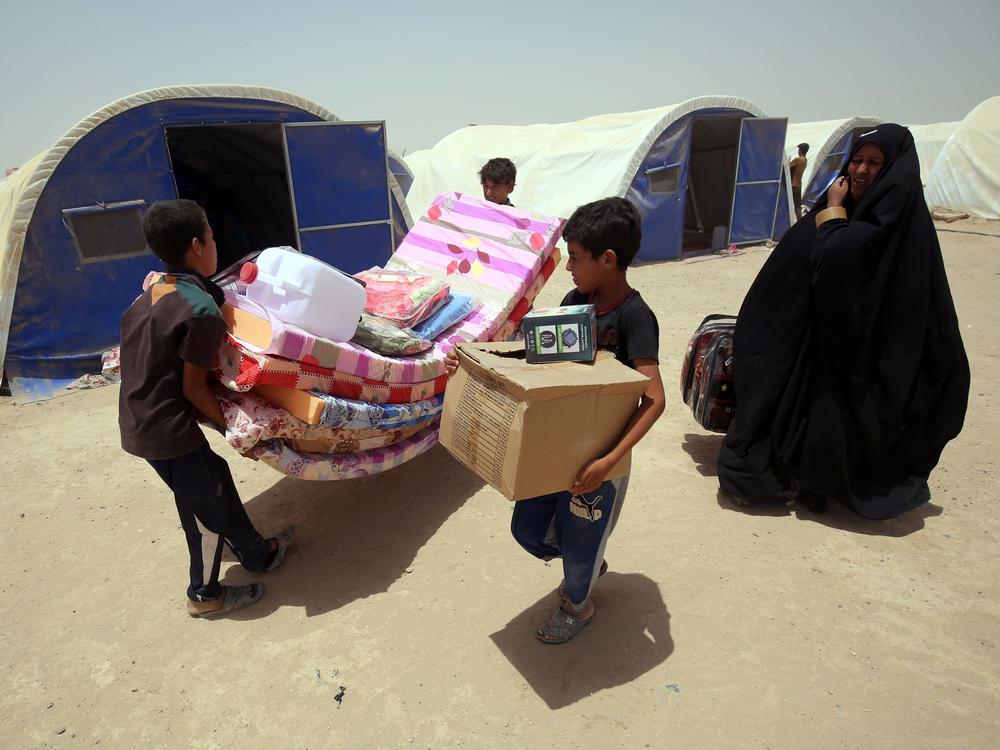 Iraqis displaced from the city of Fallujah collect aid distributed by the Norwegian Refugee Council, which has been awarded this year's $2.5 million Conrad N. Hilton Humanitarian Prize.