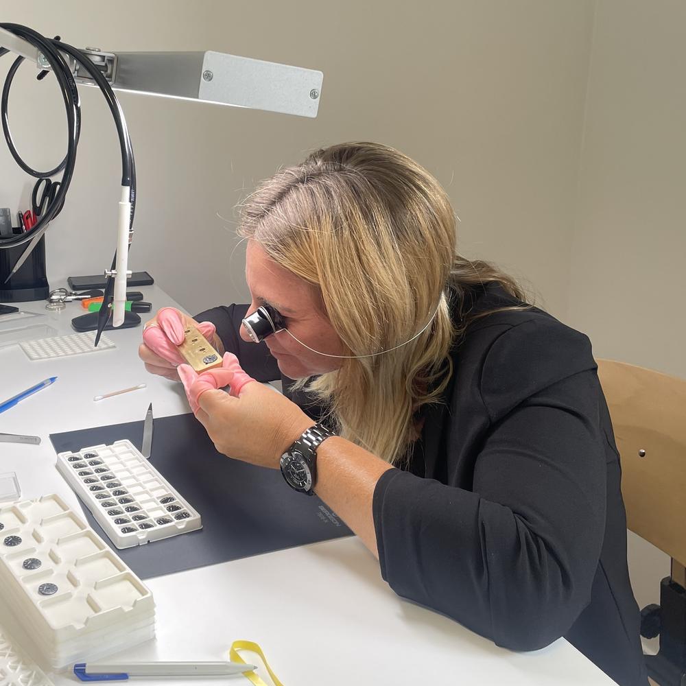 Jennifer Longuepez is part of the quality control team at MB&F, it is her job to check each component of a watch before it is assembled.