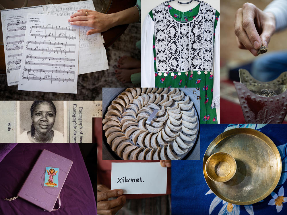 Here's what eight refugees cherish as a touch of home (clockwise from top left): Ukrainian sheet music; an Afghan dress; incense stones from Yemen; a ceremonial cup and plate from an Indian village; a word from the K'iche' language from Guatemala; a diary kept by a trans woman from Honduras; a Liberian woman's passport; and (center) a Tibetan dumpling that has proved popular in Kashmir.
