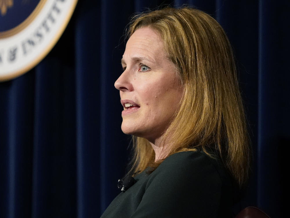 U.S. Supreme Court Associate Justice Amy Coney Barrett speaks at the Ronald Reagan Presidential Library Foundation in Simi Valley, Calif., on April 4, 2022.