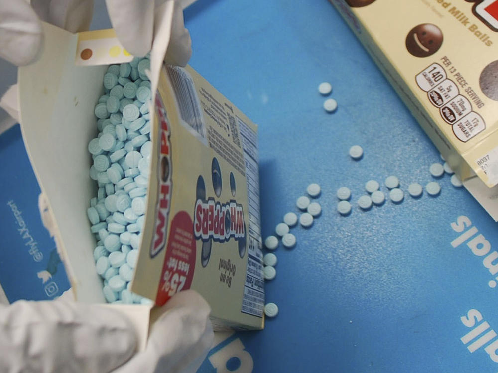This image provided by the Los Angeles County Sheriff's Department shows suspected fentanyl pills seized at the Los Angeles International Airport Wednesday, Oct. 19, 2022 in Los Angeles.