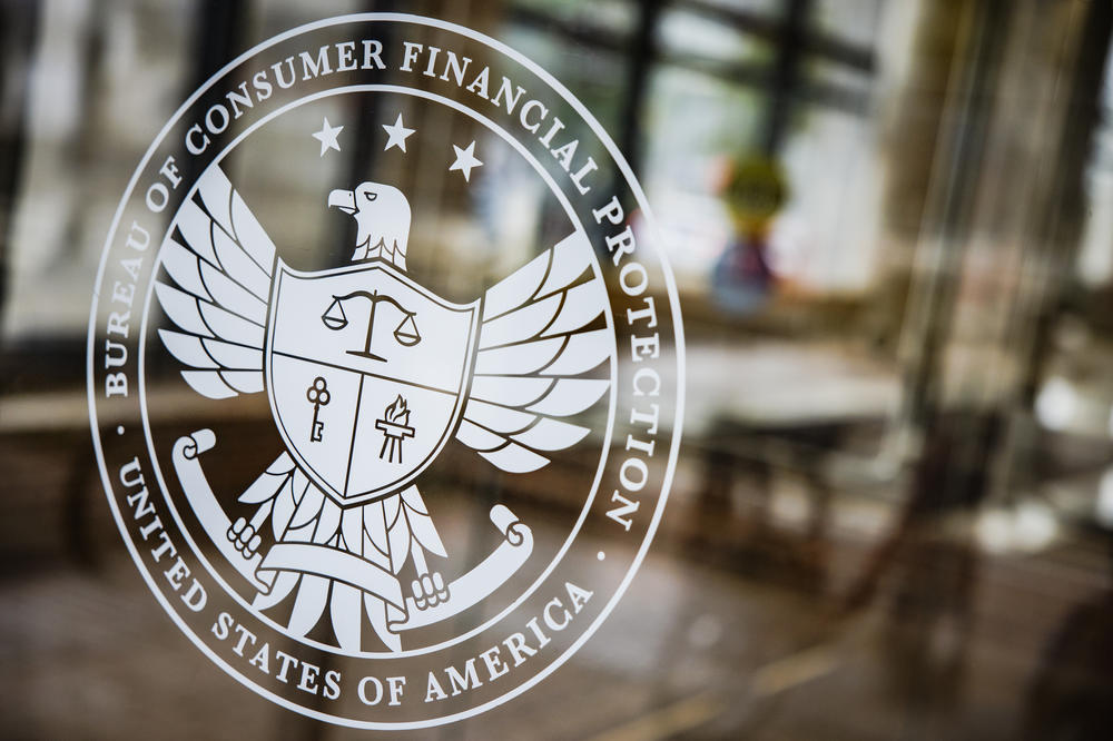 A seal at the Consumer Financial Protection Bureau (CFPB) headquarters in Washington, D.C., on April 16.